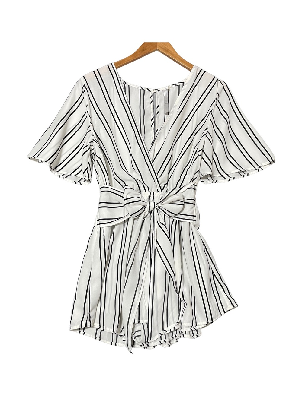 Striped Faux Wrap Romper Large Black White Tie Waist Flutter Sleeve